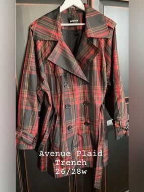 26/28 AVENUE Women’s Plus Plaid Double-Breasted Trench Coat with Belt